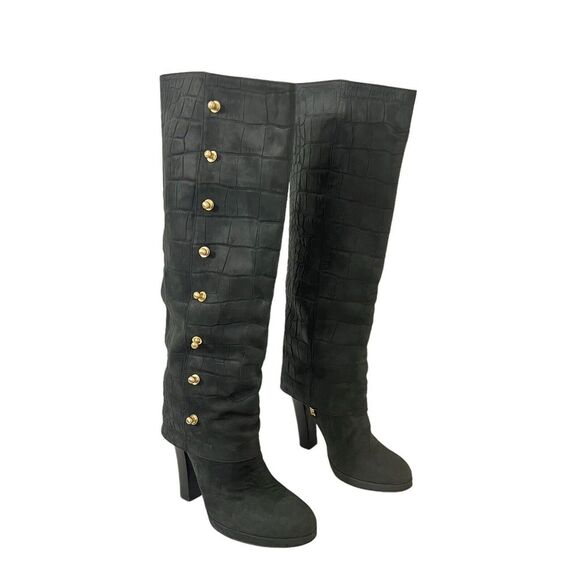 Thomas Wylde Womens Size 7 Black Croc Leather Foldover Studded Boot - Picture 1 of 8
